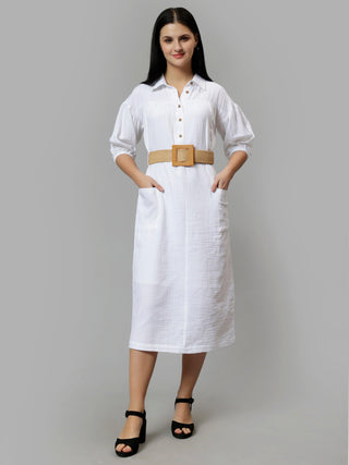 Solid A-Line Midi Dress - White
