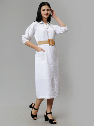Solid A-Line Midi Dress - White