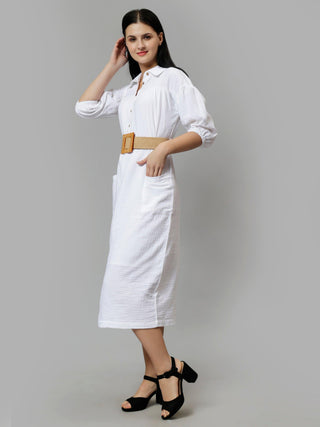 Solid A-Line Midi Dress - White