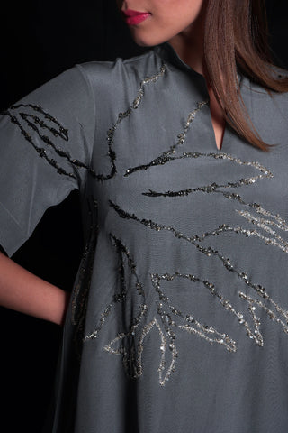 Titanium Dress with Printed Ruffles