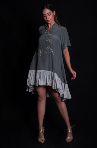 Titanium Dress with Printed Ruffles