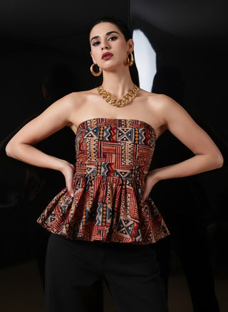 Janya Kalamkari Peplum Top - Rust & Indigo Handblock