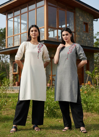 Cotton Embroidered Kurta- Ivory Bloom