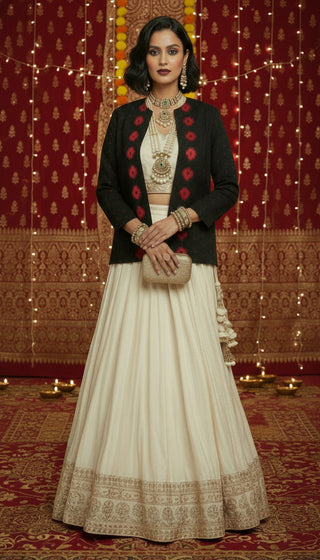 Rich Black with Red Motifs Open Front Cotton Blazer - Rekha Edition