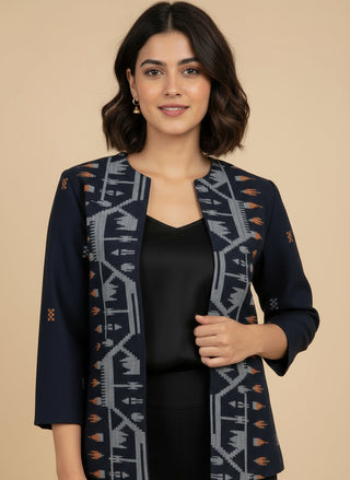 Navy Ikat Handwoven Open Front Cotton Blazer - Rekha Edition