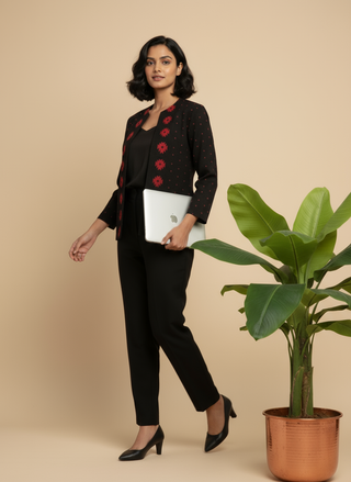Rich Black with Red Motifs Open Front Cotton Blazer - Rekha Edition