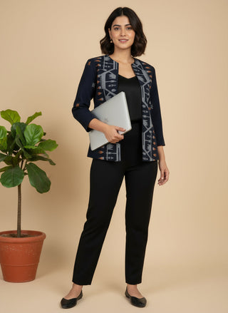 Navy Ikat Handwoven Open Front Cotton Blazer - Rekha Edition