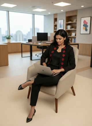 Rich Black with Red Motifs Open Front Cotton Blazer - Rekha Edition