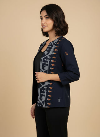 Navy Ikat Handwoven Open Front Cotton Blazer - Rekha Edition