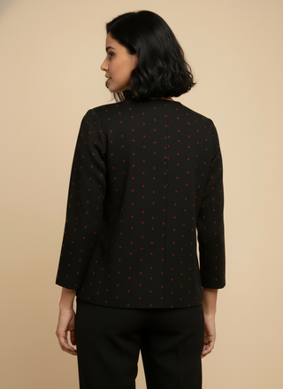 Rich Black with Red Motifs Open Front Cotton Blazer - Rekha Edition