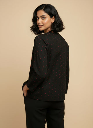 Rich Black with Red Motifs Open Front Cotton Blazer - Rekha Edition