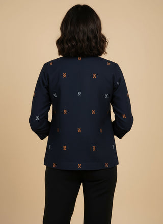 Navy Ikat Handwoven Open Front Cotton Blazer - Rekha Edition