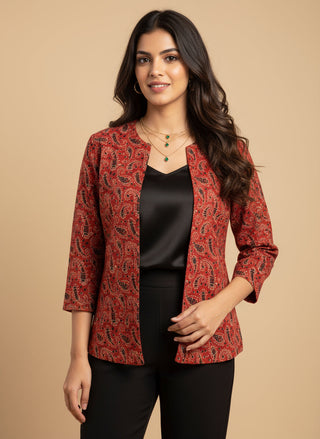 Red Ajrak Block Print - Rekha Handwoven Open Front Cotton Blazer
