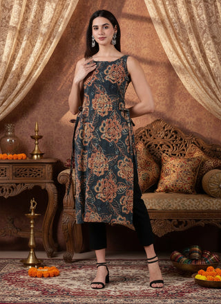 Pramiti Side-Slit Kurta-Deep Teal Earth Handblock Print