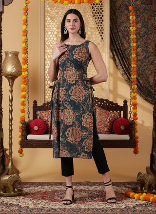 Pramiti Side-Slit Kurta-Deep Teal Earth Handblock Print