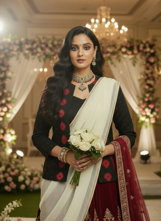 Rich Black with Red Motifs Open Front Cotton Blazer - Rekha Edition