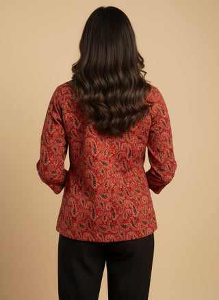 Red Ajrak Block Print - Rekha Handwoven Open Front Cotton Blazer