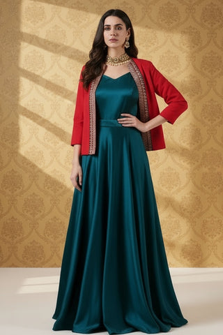 Festive Red Open-Front Blazer - Rekha Handwoven Cotton