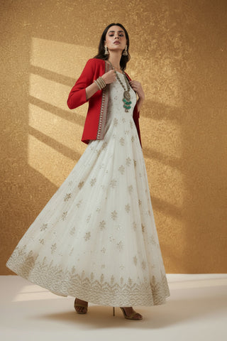 Festive Red Open-Front Blazer - Rekha Handwoven Cotton