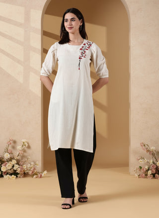 Cotton Embroidered Kurta- Ivory Bloom