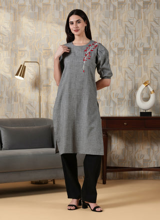 Cotton Embroidered Kurta - Slate Grey Bloom