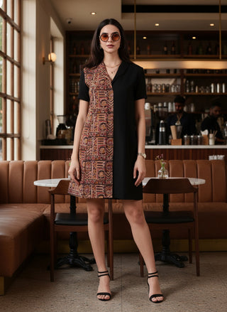 Kaya Half & Half Cotton Work Dress - Kalamkari & Black