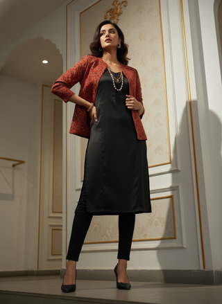 Red Ajrak Block Print - Rekha Handwoven Open Front Cotton Blazer