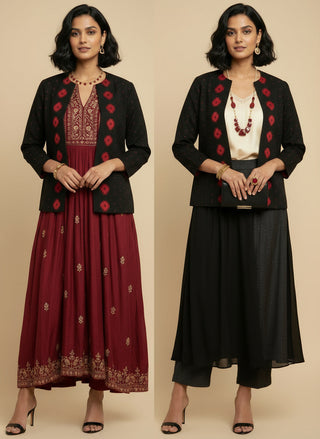 Rich Black with Red Motifs Open Front Cotton Blazer - Rekha Edition