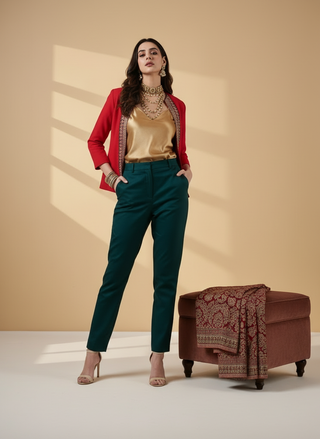Festive Red Open-Front Blazer - Rekha Handwoven Cotton