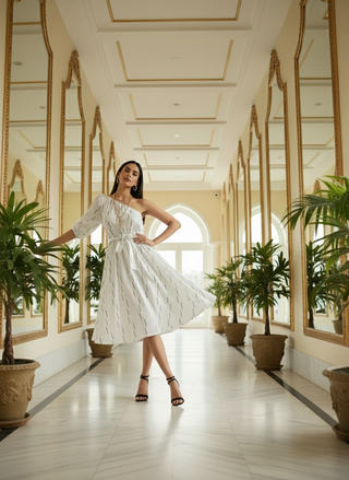 Selene One-Shoulder Midi Dress - White