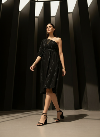Selene One-Shoulder Midi Dress - Black