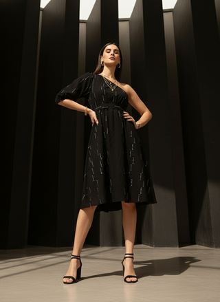 Selene One-Shoulder Midi Dress - Black