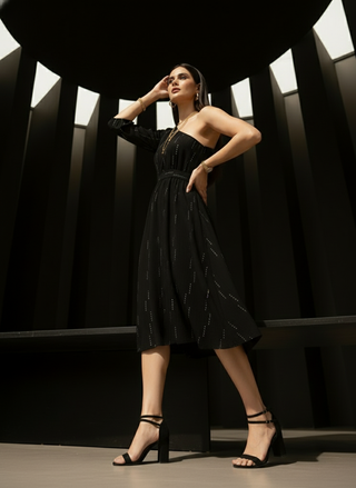 Selene One-Shoulder Midi Dress - Black