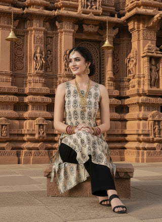 Pramiti Side-Slit Cotton Kurta - Sand Beige & Black Kalamkari