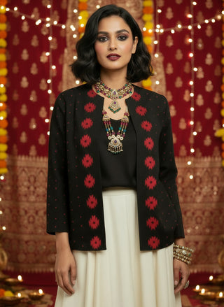 Rich Black with Red Motifs Open Front Cotton Blazer - Rekha Edition