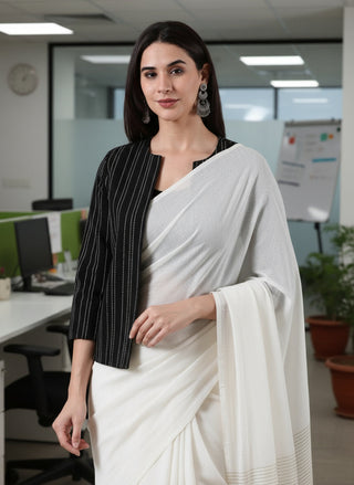 Midnight Classic Black Stripes-Rekha Handwoven Open Front Cotton Blazer