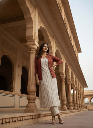 Red Ajrak Block Print - Rekha Handwoven Open Front Cotton Blazer