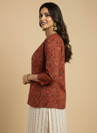 Red Ajrak Block Print - Rekha Handwoven Open Front Cotton Blazer