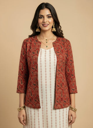 Red Ajrak Block Print - Rekha Handwoven Open Front Cotton Blazer