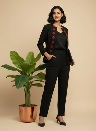 Rich Black with Red Motifs Open Front Cotton Blazer - Rekha Edition