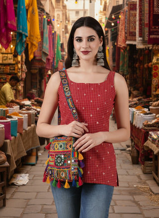 Kiyara Deep U-Back Cotton Kurti - Red