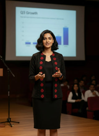 Rich Black with Red Motifs Open Front Cotton Blazer - Rekha Edition