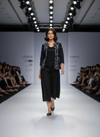 Navy Ikat Handwoven Open Front Cotton Blazer - Rekha Edition