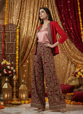 Festive Red Open-Front Blazer - Rekha Handwoven Cotton