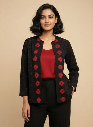 Rich Black with Red Motifs Open Front Cotton Blazer - Rekha Edition