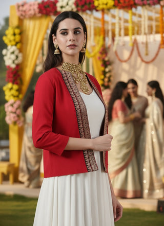 Festive Red Open-Front Blazer - Rekha Handwoven Cotton